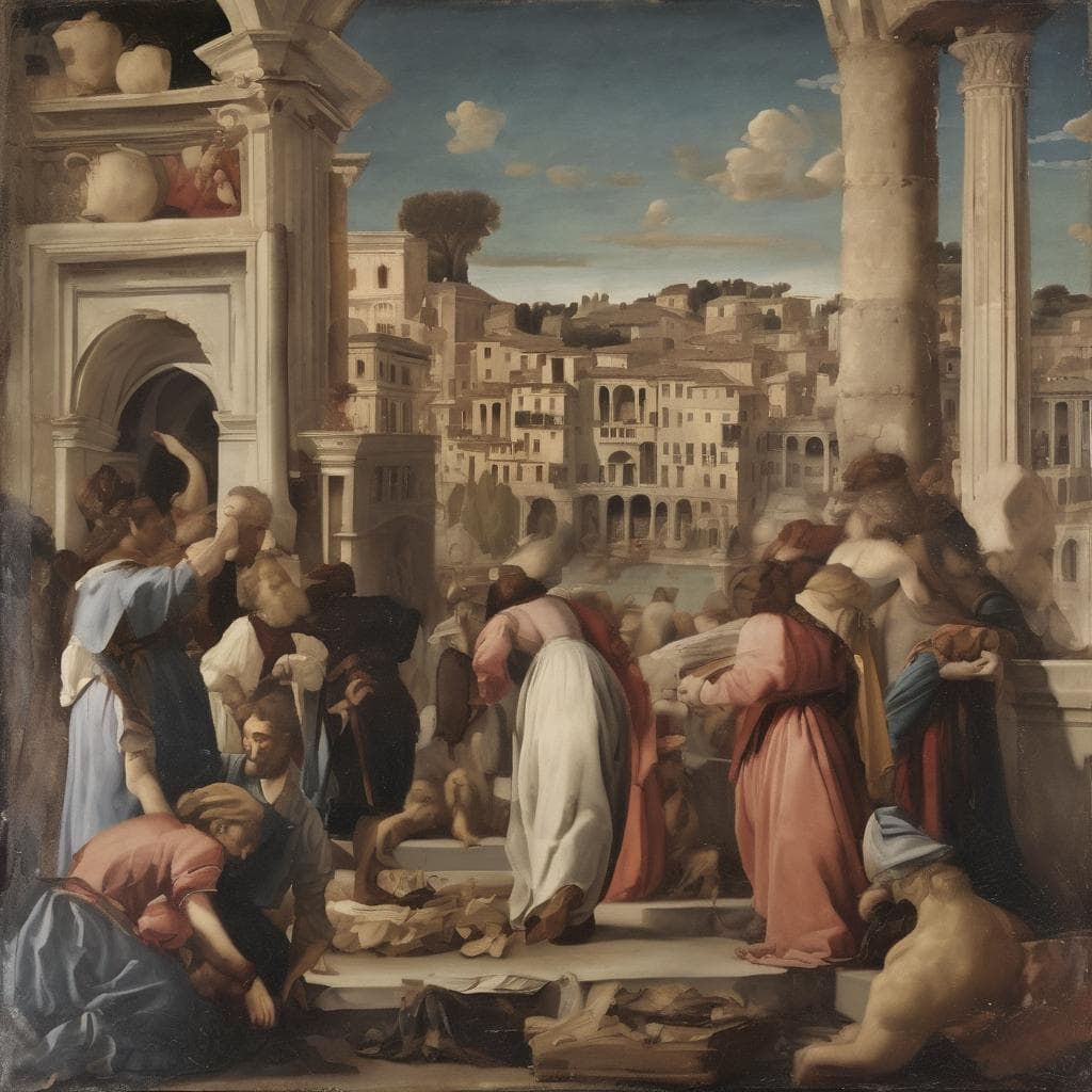 Πίνακας με αρχαία πόλη και πιστούς, ανάλυση καλλιτεχνικών ρευμάτων, βιογραφίες καλλιτεχνών.