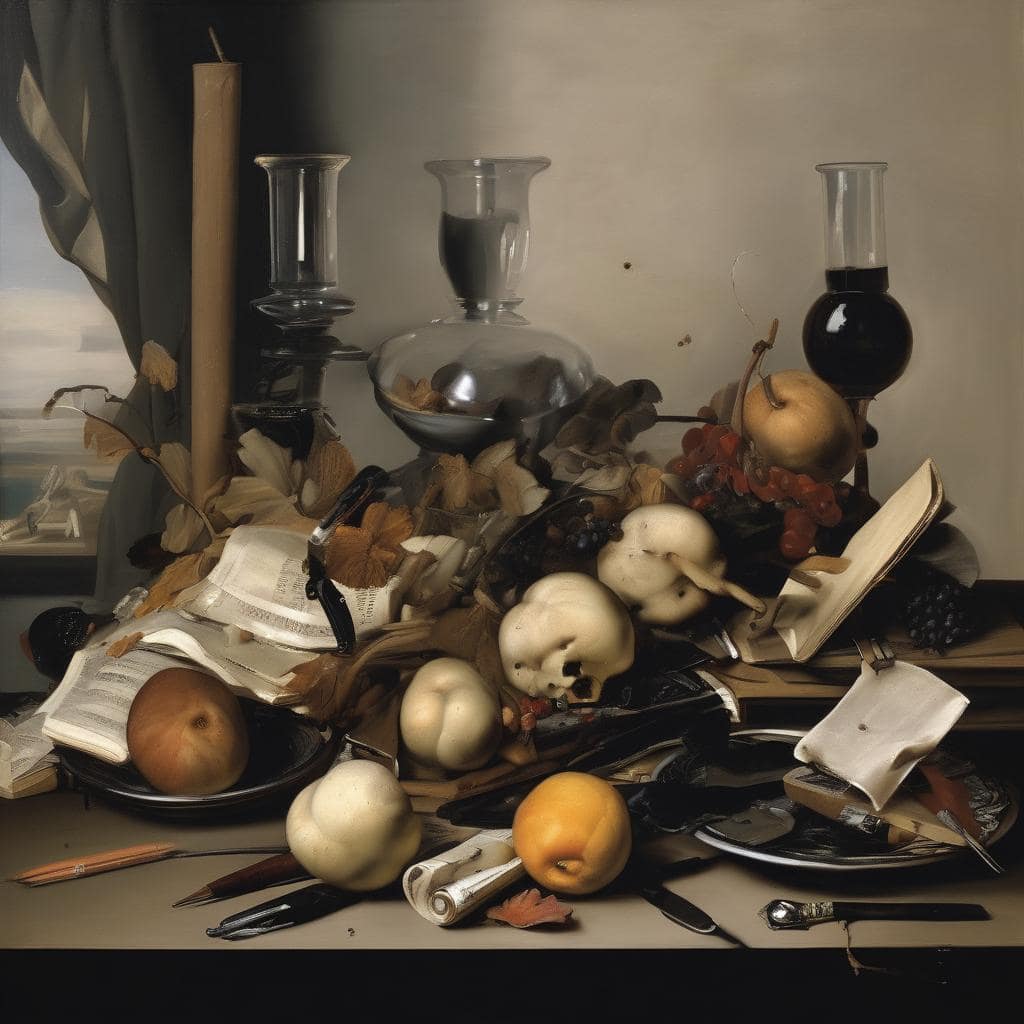 Αντικείμενο με βιβλία, φιάλες και φρούτα, τέχνη και αναλύσεις καλλιτεχνικών ρευμάτων, διαδραστική σύνθεση.