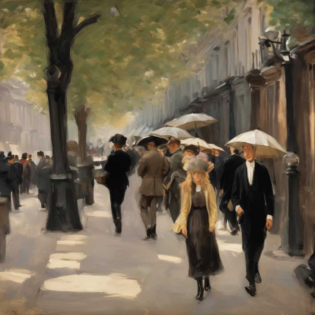 Παραδοσιακός πίνακας με ανθρώπους με ομπρέλες σε δρόμο, απόδοση σε ιμπρεσιονιστικό στυλ, ταξινόμηση καλλιτεχνικών ρευμάτων, βιογραφίες και ανάλυση.