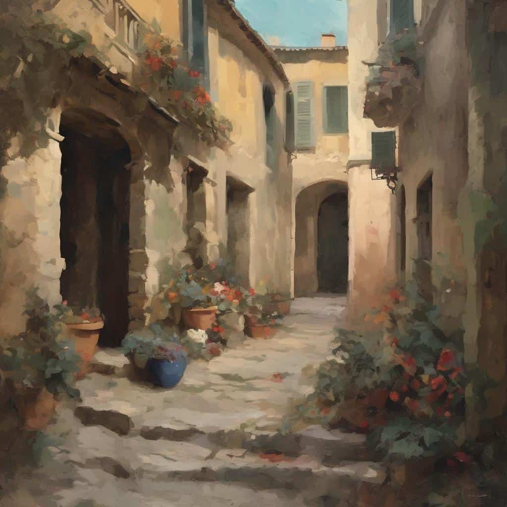 Γραφικό στενό της Μεσογείου με παλαιά σπίτια και λουλούδια σε γλάστρες.